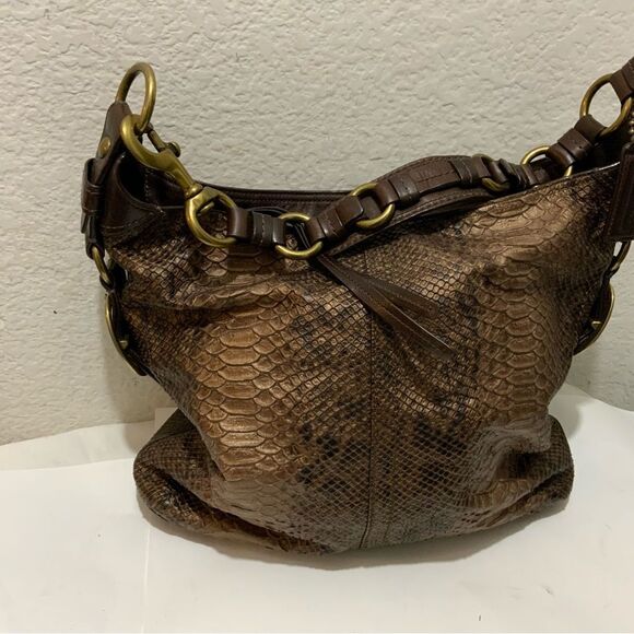 COACH LTD BLEECKER CHOCOLATE PRINTED PYTHON SLIM DUFFLE SHOULDER BAG PURSE RARE! - Picture 6 of 16